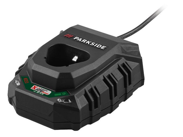 Zwarte acculader voor elektrisch gereedschap met X 12 V Team-logo en lichtindicatoren.