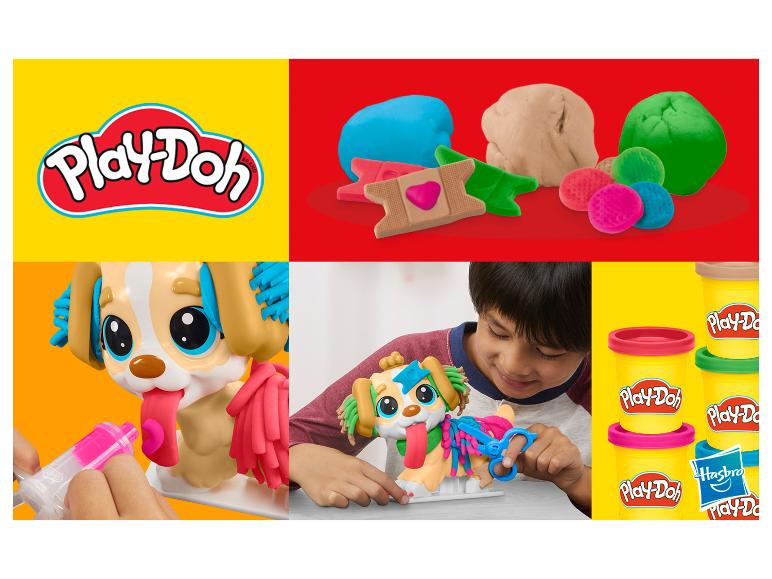 Play-Doh: logo, kleurrijke boetseerklei en een kind dat speelt met een Play-Doh puppy.
