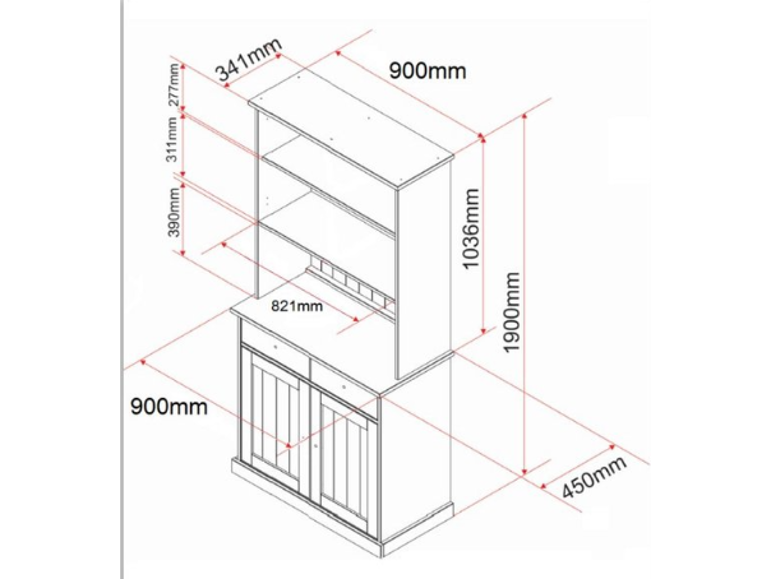 Maattekening van een kast met boven- en ondergedeelte, toont afmetingen in millimeters.