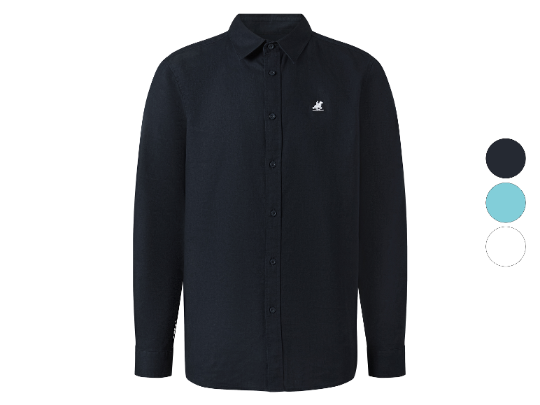 Een donkerblauw overhemd met lange mouwen en een klein logo.