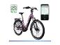 Paarse elektrische fiets met navigatie- en ritgegevens-app.