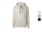 Herenhoodie met rits in beige, met drie kleurstalen ernaast.