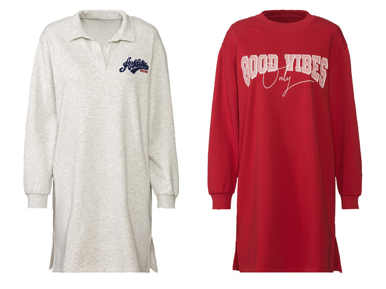 Twee lange, grijze en rode sweatshirts met opschriften 'Athlete' en 'Good Vibes Only'
