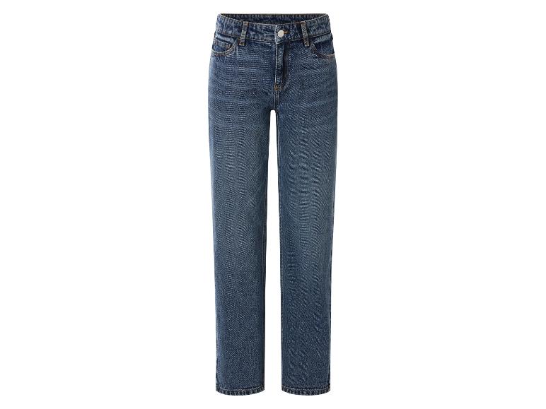 Blauwe damesjeans met hoge taille en rechte pijpen.