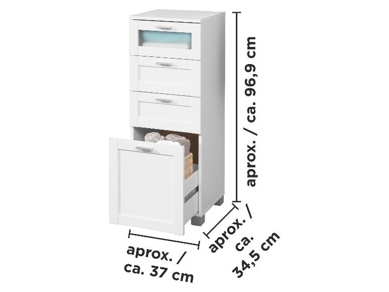 Witte badkamerkast met lades en een kantelbare wasmand, met afmetingen.