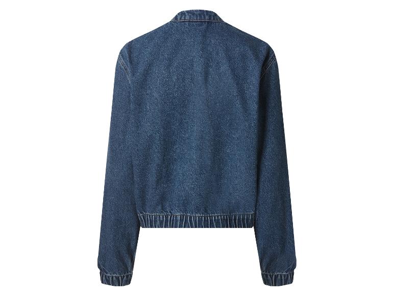 Blauwe spijkerjas met elastische taille en manchetten, achteraanzicht.