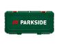Groene gereedschapskist met rode details en de merknaam in wit