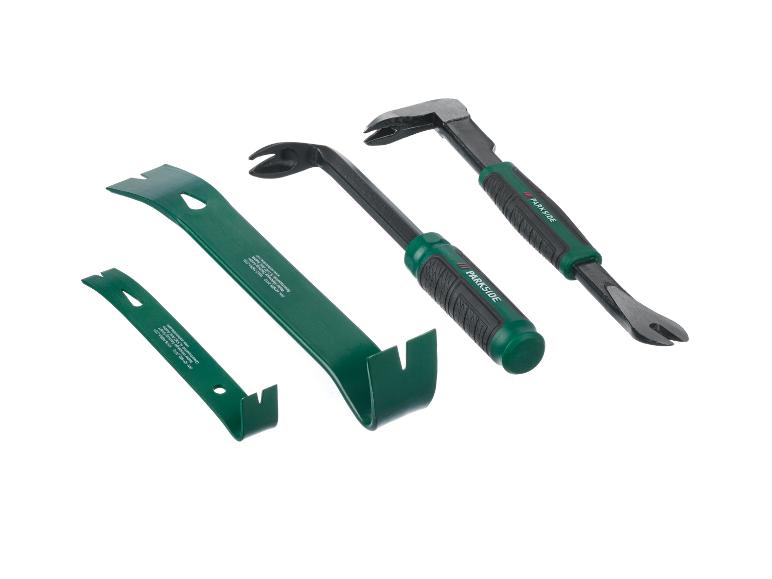 Drie Parkside gereedschappen: een nageltrekker en twee breekijzers.