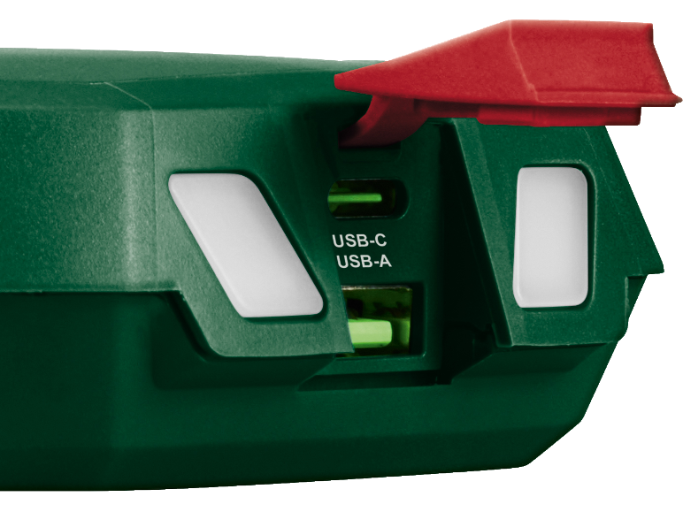 Groene powerbank met rode klep en USB-C- en USB-A-poorten.