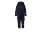 Donkerblauwe softshell overall voor kinderen met reflecterende details en capuchon.