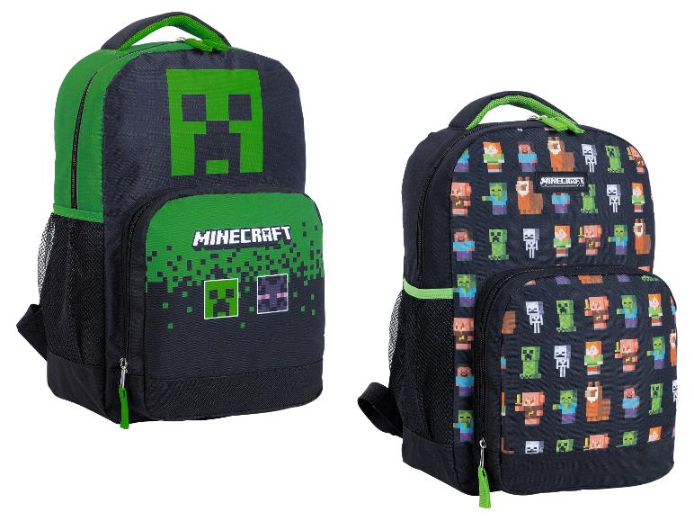 Twee zwarte rugzakken met groene accenten en prints van videogamepersonages.