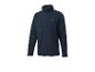Donkerblauwe fleece jas met rits en een klein grijs logo op de borst.
