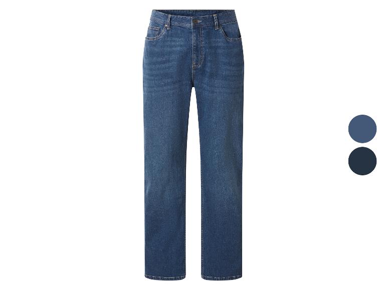 Blauwe straight-fit jeans met twee kleurstalen ernaast