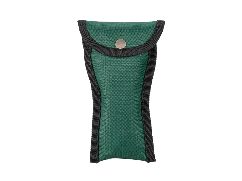Groen stoffen etui met zwarte bies en metalen drukknop