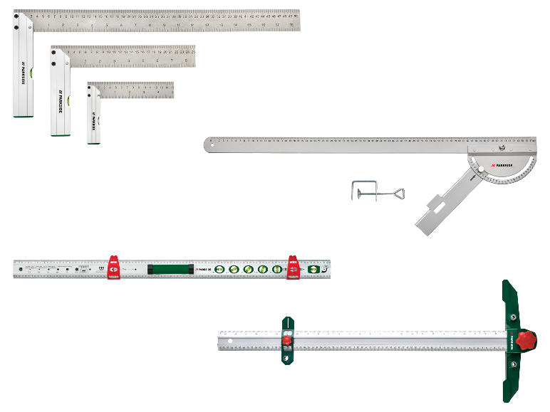 Parkside meetgereedschapset met winkelzoekers, linialen en waterpassen.