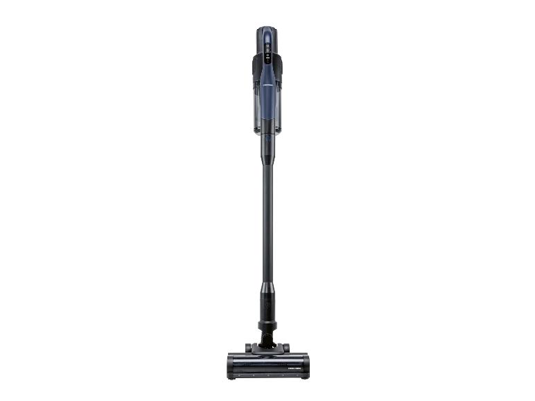 Draadloze steelstofzuiger met een donkerblauw en zwart design