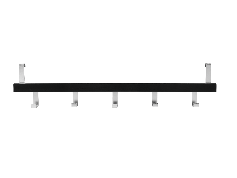 Zwarte wandkapstok met vijf metalen haken.