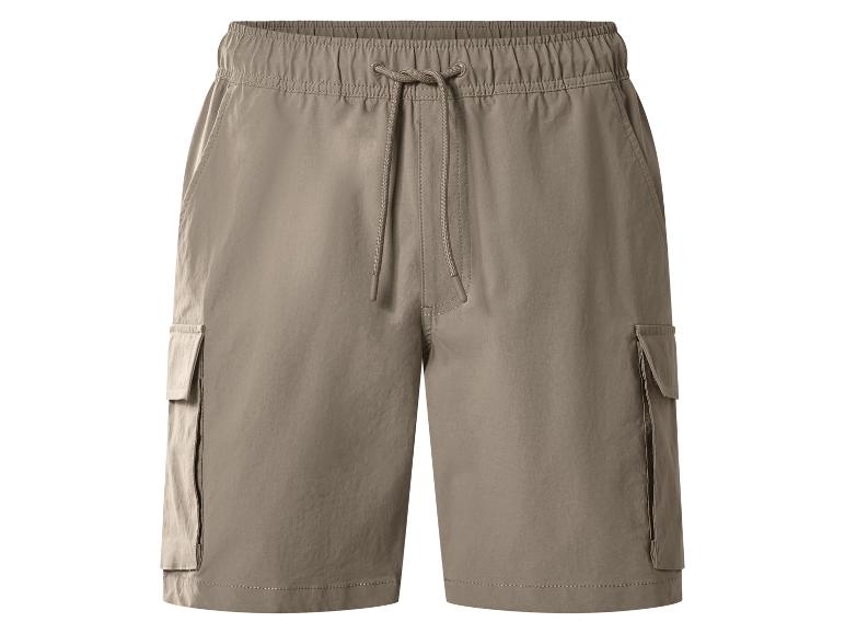 Kaki cargoshort voor heren met elastische tailleband en trekkoord.