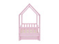 Een roze bed met een huisvormig hoofdeinde en een uittrekbaar bed.
