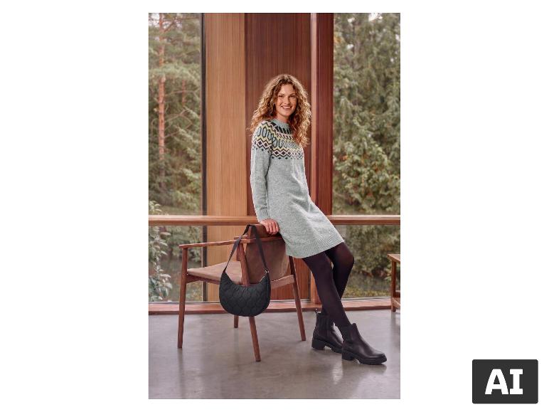 ESMARA® dames gebreide jurk met patroon, zwarte panty en laarzen, met een zwarte tas [AI-gegenereerde afbeelding]