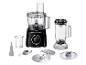 Een zwarte Bosch foodprocessor met bijbehorende blender en accessoires.