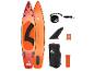 Oranje en rood paddleboard met accessoires: leash, vinnen, tas en reparatieset.