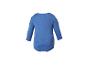 Blauwe baby romper met lange mouwen, achteraanzicht.