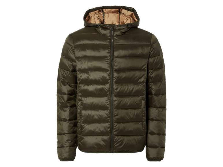 Een groene gewatteerde jas met capuchon.