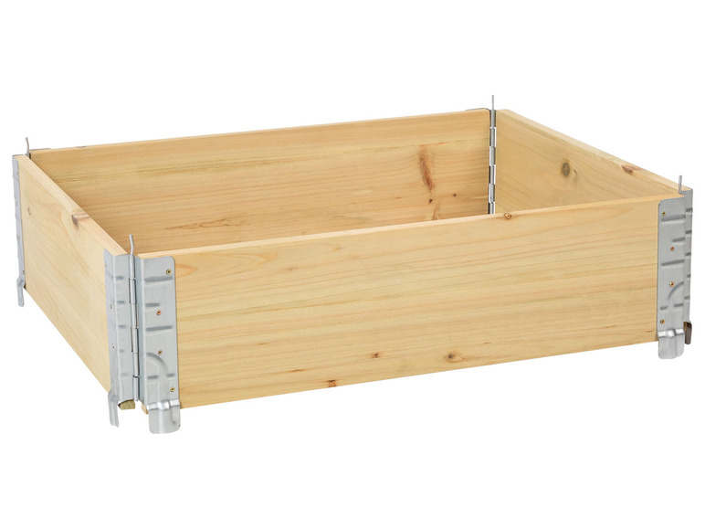 Een houten plantenbak met metalen hoeken