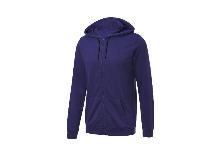 Een donkerblauwe hoodie met capuchon en rits.