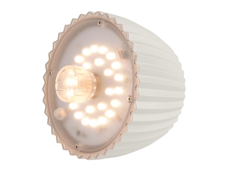 LED-lamp met een wit geribbeld lichaam en een transparante kap met veel kleine lichtjes.