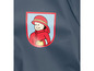 Een donkerblauwe regenjas met een afbeelding van een brandweerman.