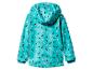 Turquoise softshell jas voor meisjes, met capuchon en verenprint.