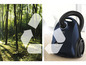 Een blauwe Bosch stofzuiger met een groene bosachtergrond, recycle-pictogrammen