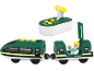 Groene speelgoedtrein met afstandsbediening en machinistfiguur.
