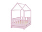 Een roze bed met een huisvormig frame en twee laden.