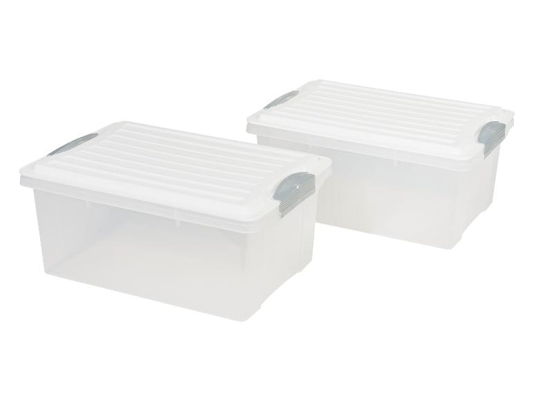 Twee doorzichtige opbergbakken met deksel.