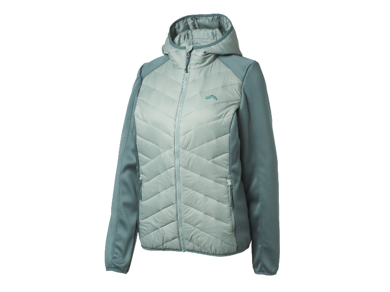 Een lichtgrijs Bergans hybride jack met capuchon.