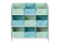 Wit opbergrek met negen stoffen bakken in mintgroen en blauwgroen.