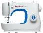 Witte naaimachine met blauw accent en steekkeuzewiel.