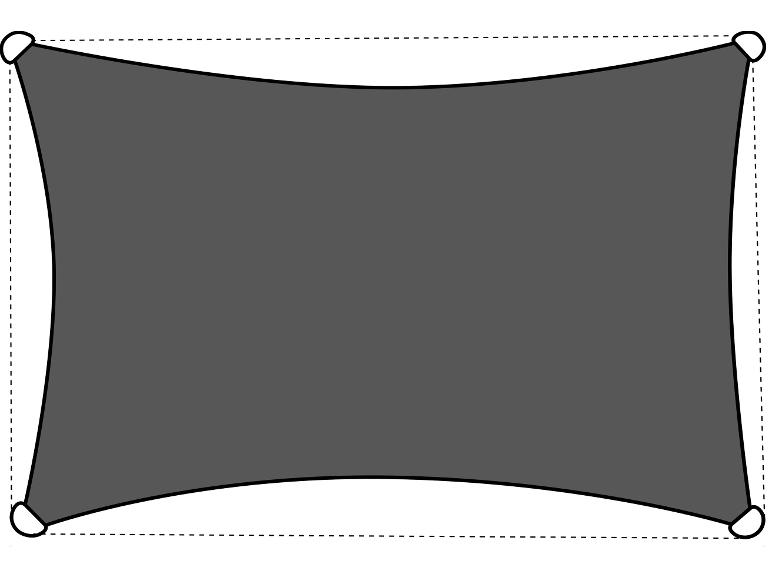 Grijs rechthoekig schaduwdoek met gebogen zijkanten en versterkte hoeken.