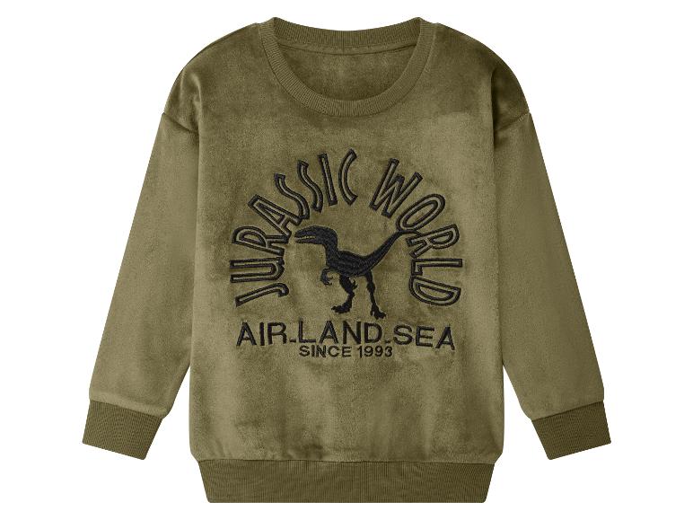 Groene kinder sweater met lange mouwen en een 'Jurassic World' dinosaurusprint.