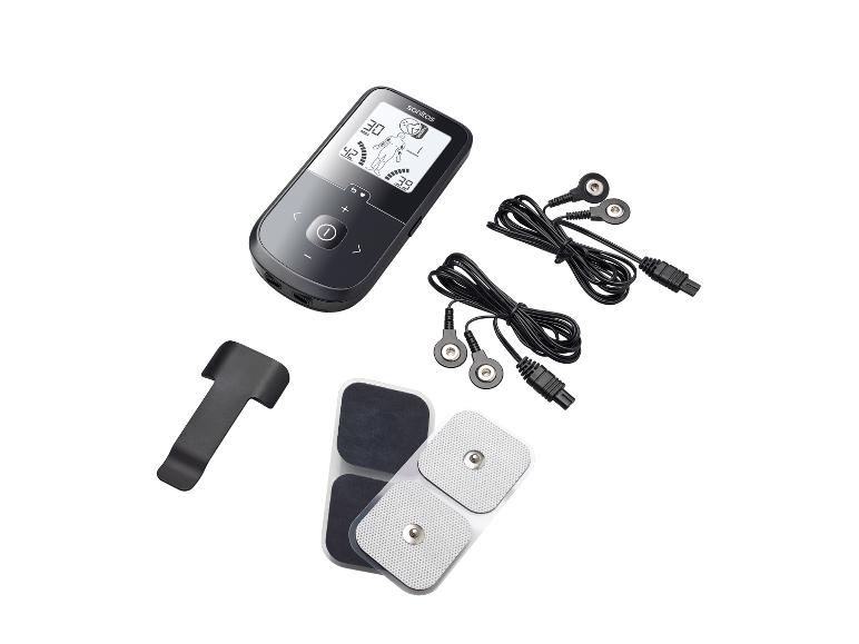 Sanitas TENS/EMS-apparaat met elektroden, kabels en een riemclip.