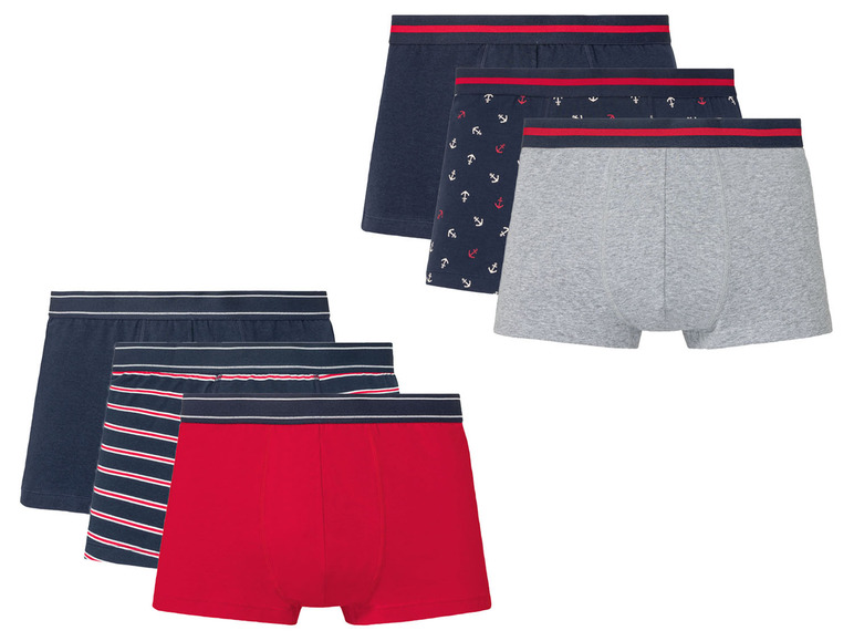 Drie paar boxershorts met ankerprint, strepen en een rode kleur.