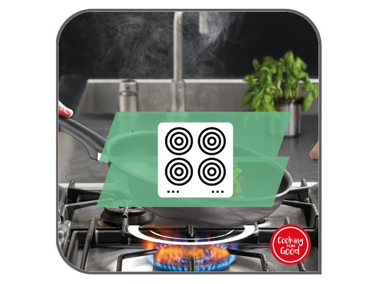 Koekenpan op gasfornuis met kookplaatpictogram en de tekst 'Cooking for Good'.