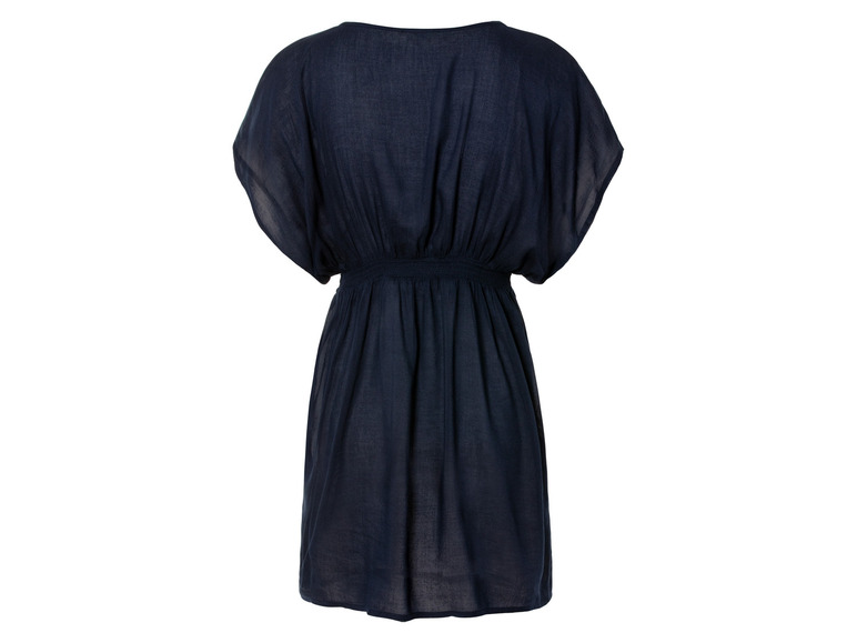 Een donkerblauwe jurk met korte mouwen.