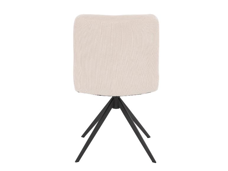 Beige gestoffeerde stoel met verticale strepen en zwarte metalen basis