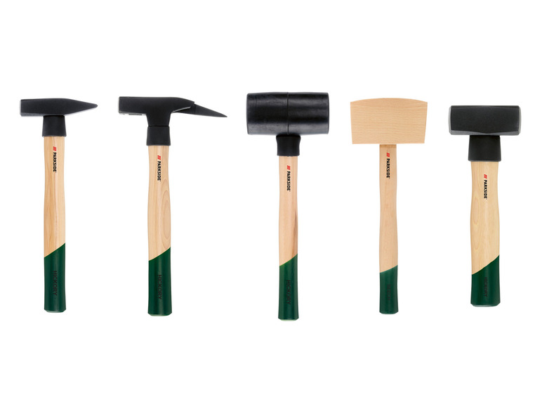 Een set gereedschap van Parkside, inclusief hamers, een rubberen hamer en een houten hamer.