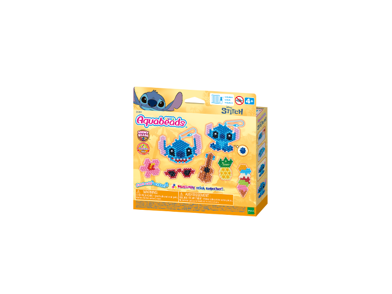 Aquabeads Stitch knutselset met diverse kralenontwerpen, inclusief Stitch-figuren en accessoires.