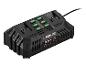 Dubbele acculader met LED-indicatoren en oplaadtijdtabel.